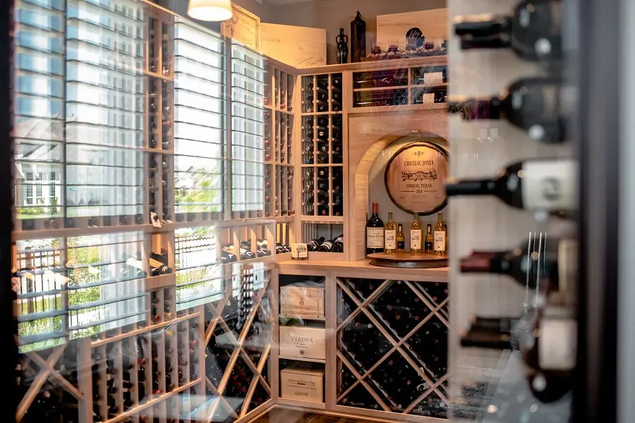 close view of a contemporary wine cellar with wood wine racks
