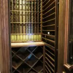 The Completed Dallas Custom Wine Cellar - Early American Stain and Lacquer on Custom Racks - Wine Celar Lighting