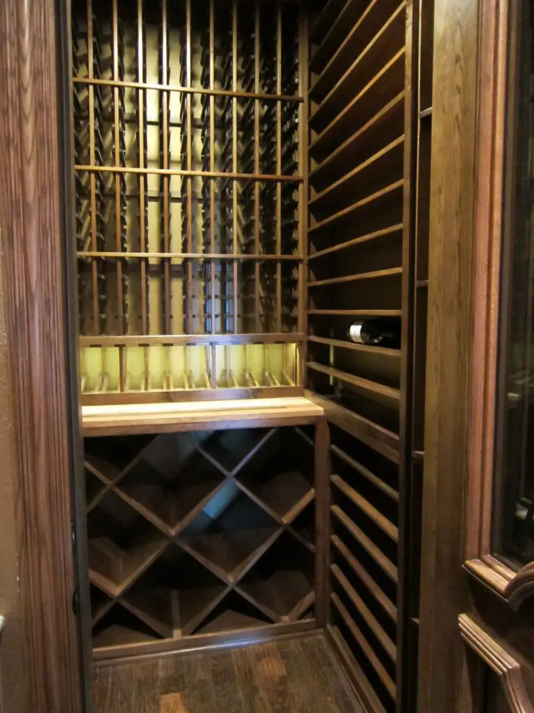 The Completed Dallas Custom Wine Cellar - Early American Stain and Lacquer on Custom Racks - Wine Celar Lighting