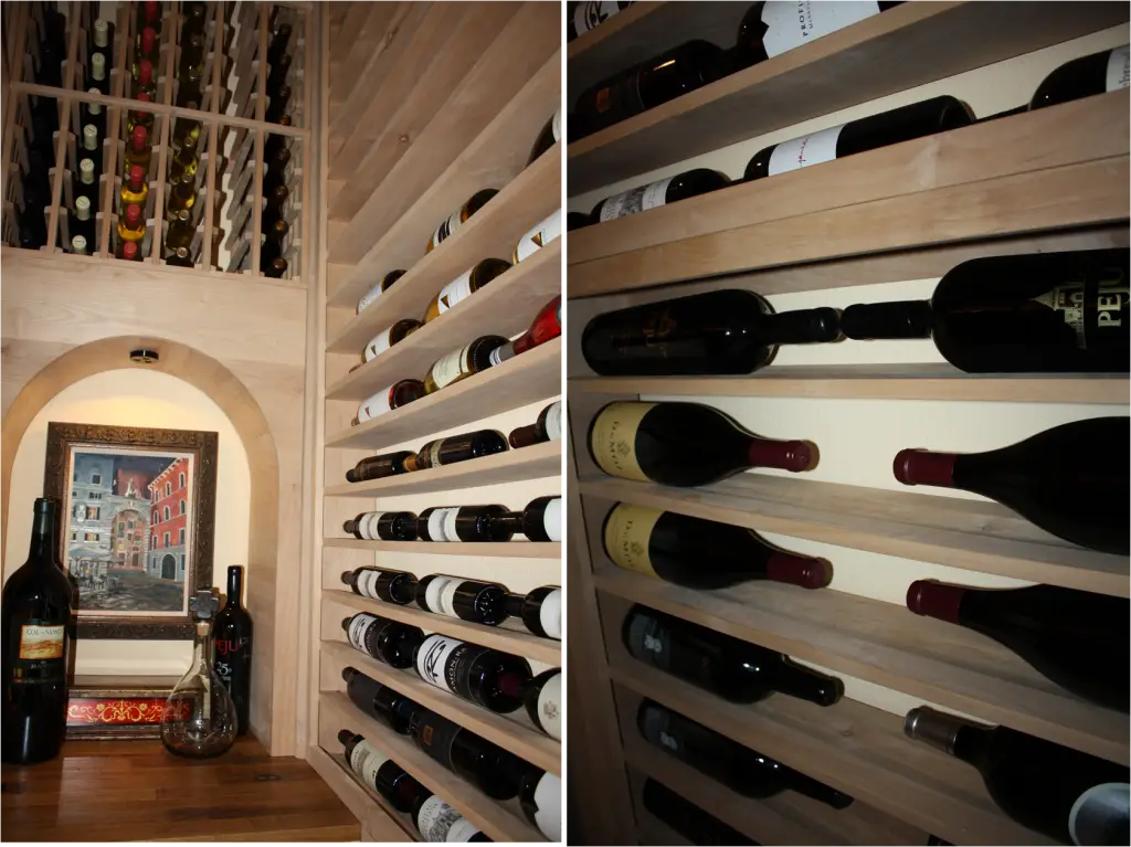 Texas wine cellar horizontal racking holds 750 size bottles above the tabletop level