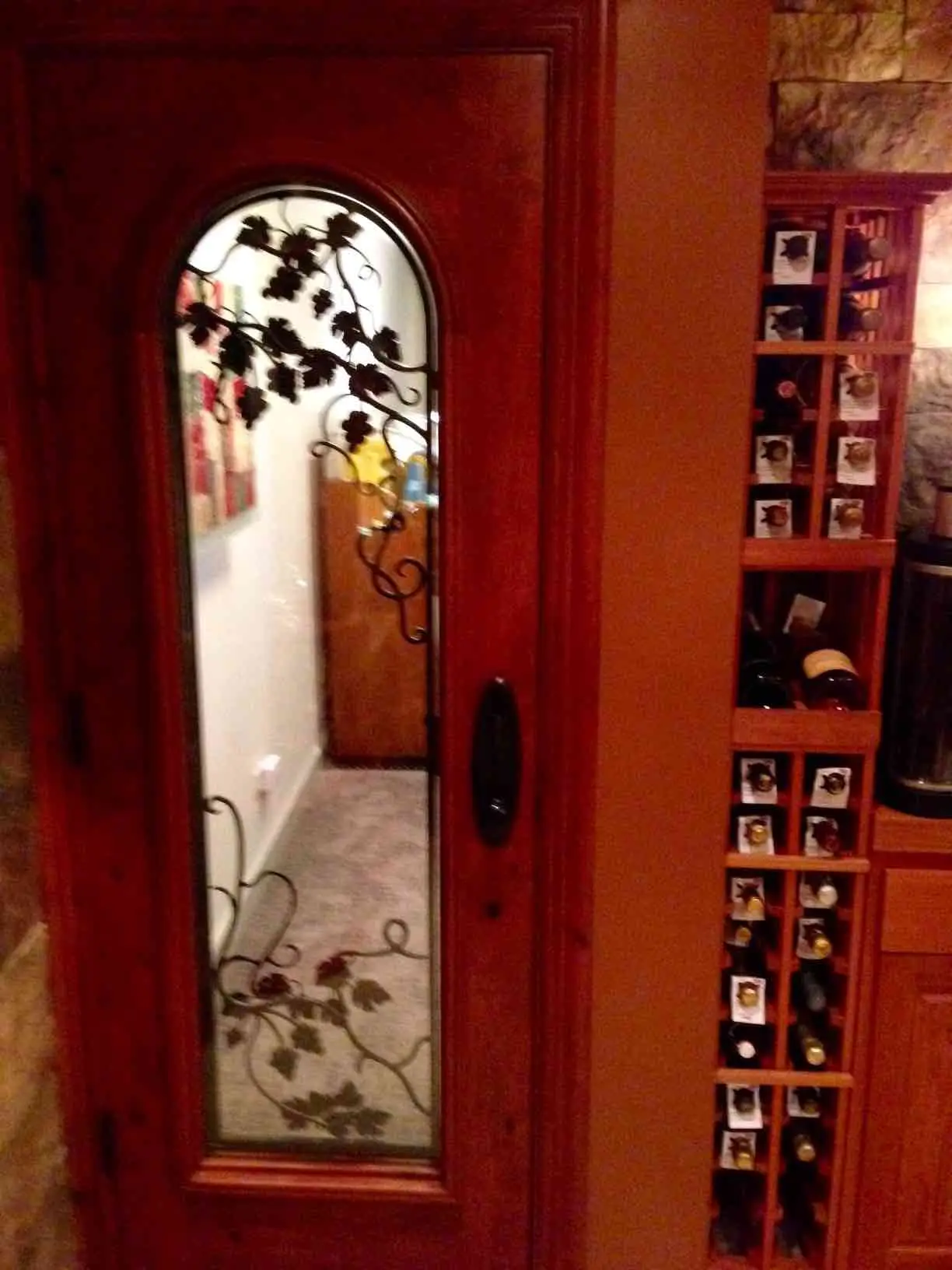 Wine Cellar Door - with duel pane glass, automatic door bottom and wrought iron grapevine design