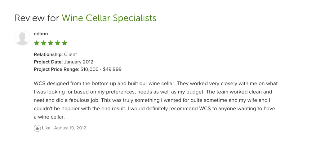 Houzz Review for Wine Cellar Specialists