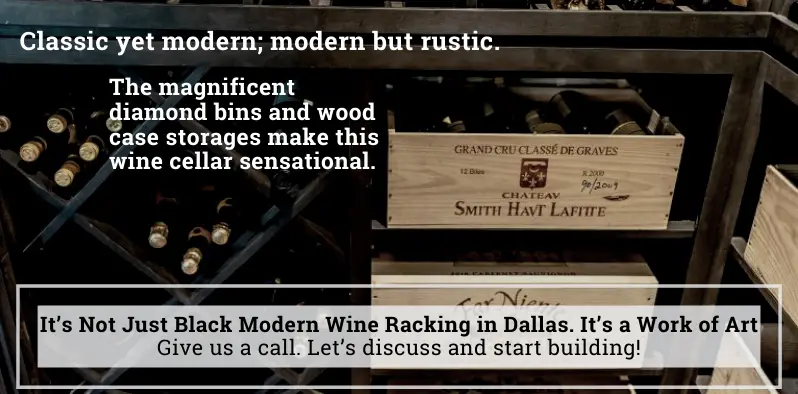 diamond bins and wood case storage for this black modern wine racking design in dallas
