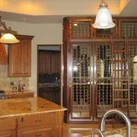 Beautiful cork forward wooden racking in a gorgeous stained wood trim.