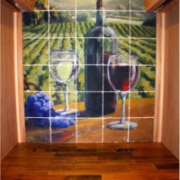 33. Wine Room Tumbled Marble Tile Mural and Reclaimed Cooperage Tabletop